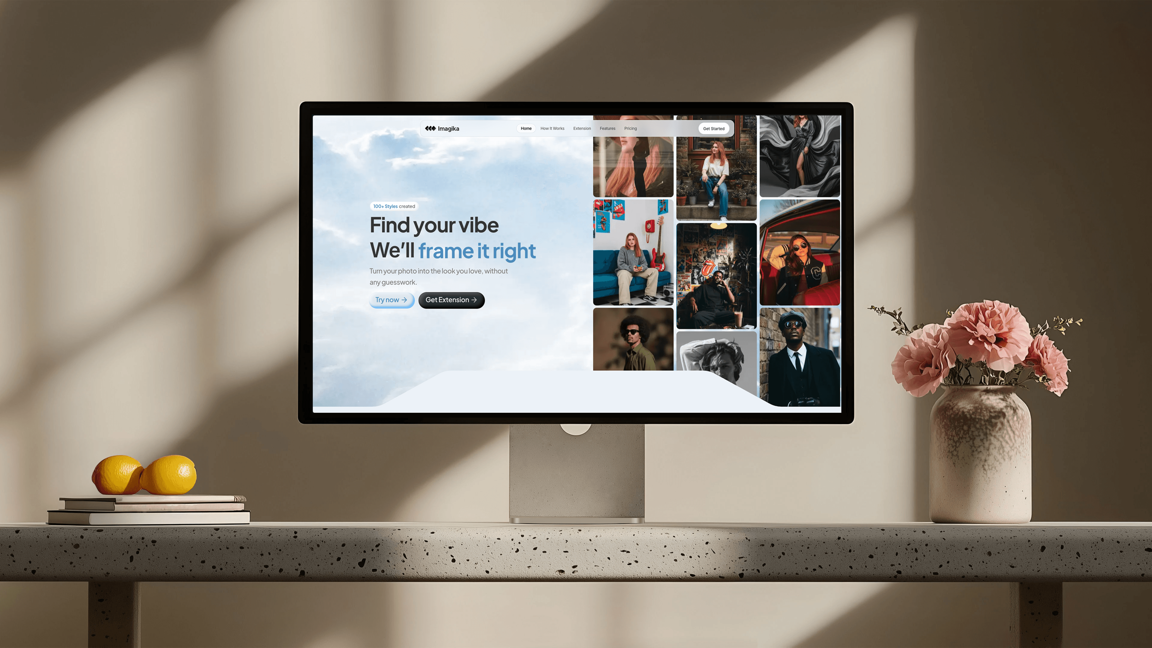 Imagika AI image generation platform — single product photo input, commercial-grade visual output in 30-60 seconds.
