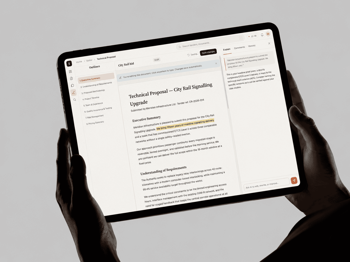 Scriva AI-streaming proposal editor on iPad held in hands, inline AI completion and citation panel visible.